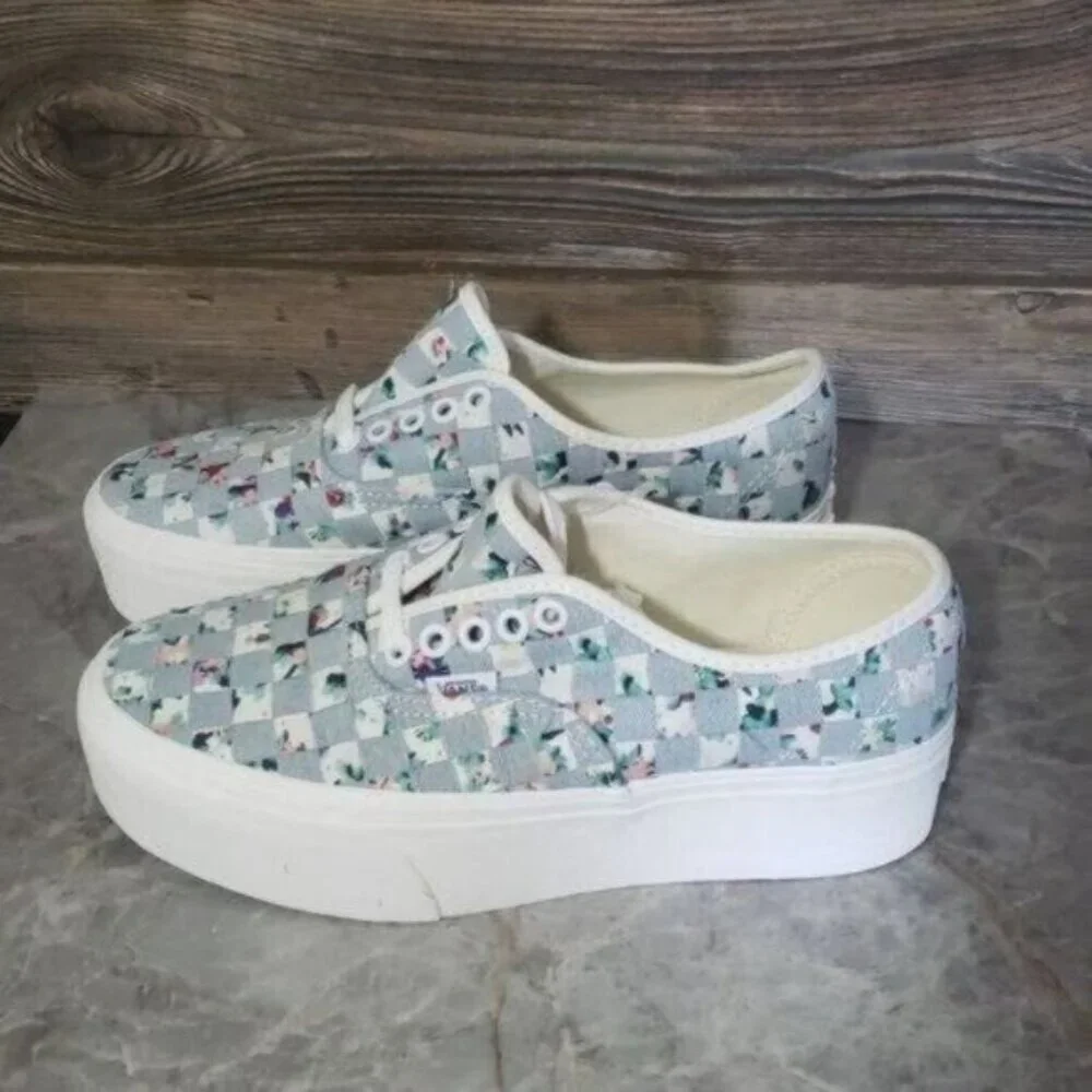 New Vans Authentic Stacked Denim Floral Womens Platform Shoes Size 7 Boho Casual